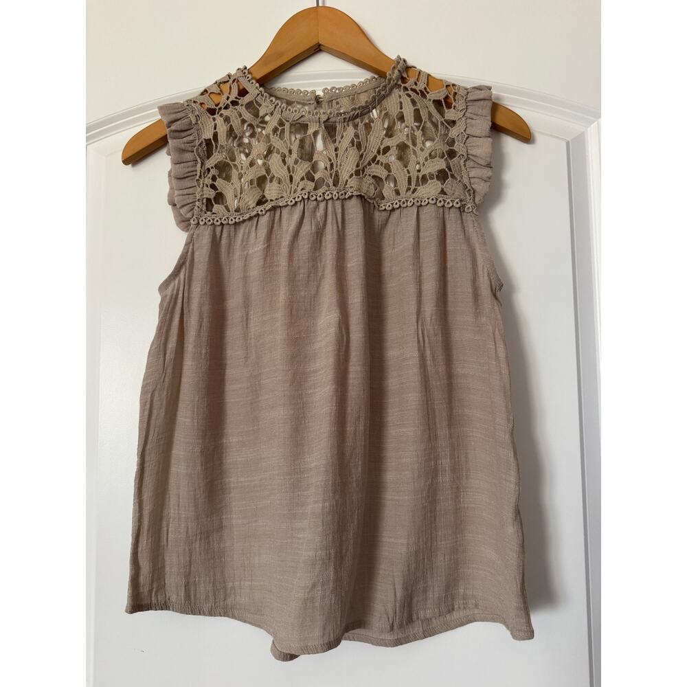 Charming Bohemian Romantic Style Taupe Top Cottagecore Sleeveless Blouse Small